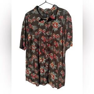 RVCA Brown Short-Sleeve Floral Camp Shirt with Red & Green Accents